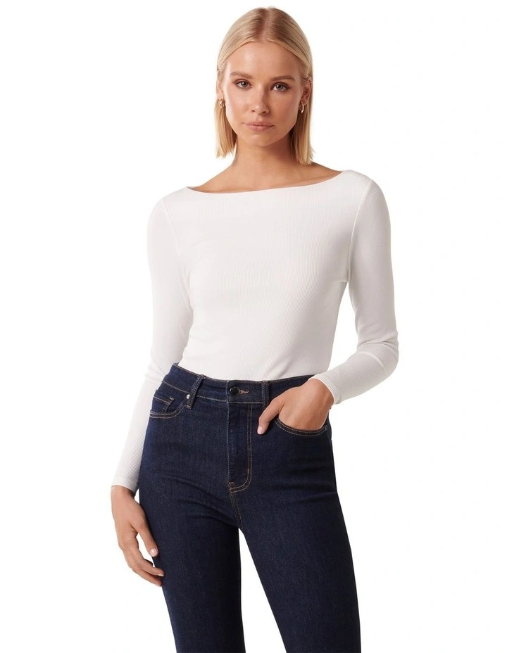 Brie Boat Neck Long Sleeve Top in White image 1