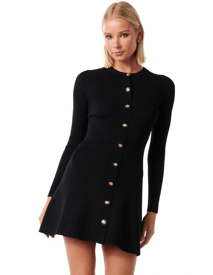 Jolie Button Through Mini Knit Dress in Black image 1