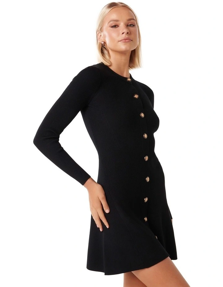 Jolie Button Through Mini Knit Dress in Black image 3