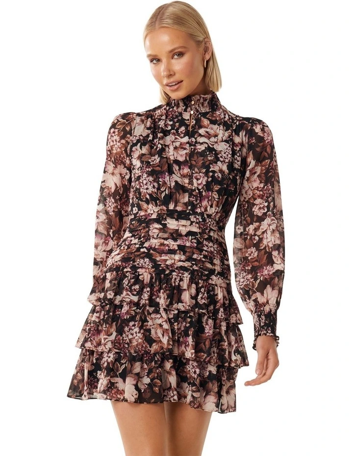 Imogen Printed Ruffle Mini Dress in Black Multi image 1