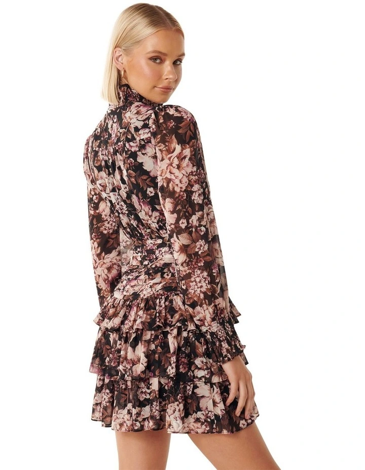 Imogen Printed Ruffle Mini Dress in Black Multi image 2