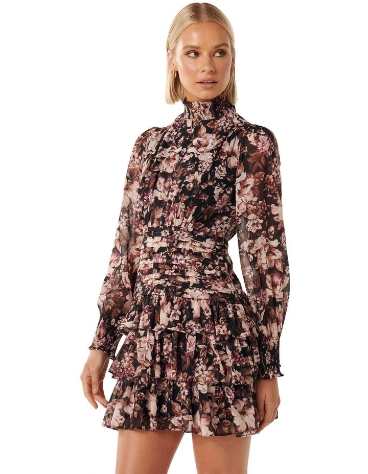 Imogen Printed Ruffle Mini Dress in Black Multi image 3