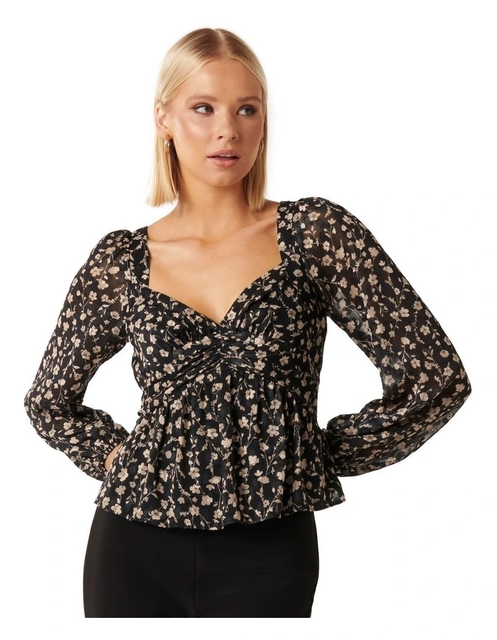 Madeline Blouson Sleeve Jacquard Blouse in Black Multi image 1