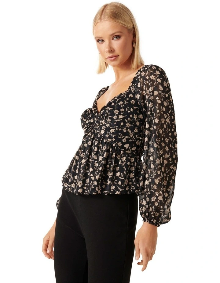 Madeline Blouson Sleeve Jacquard Blouse in Black Multi image 3