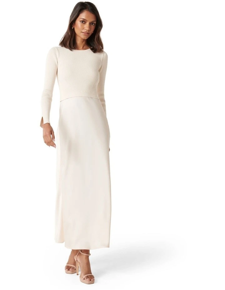 Forever New Alicia Satin Bias Knit Dress in Cream MYER