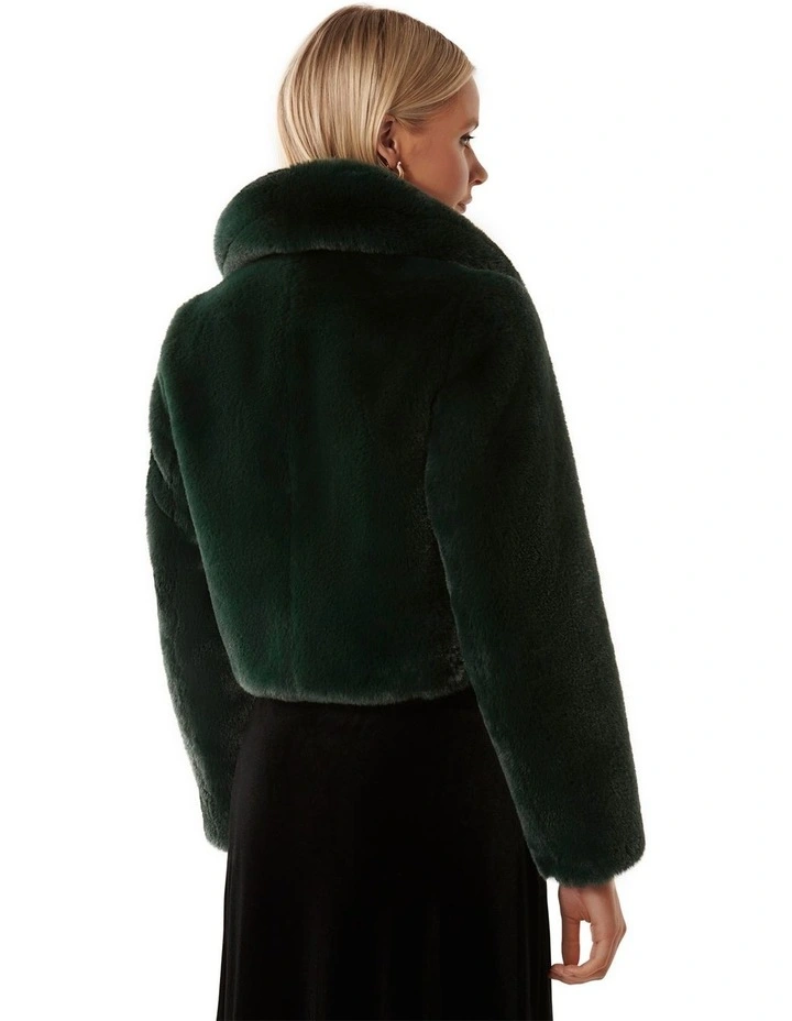 Amera Crop Faux Fur Coat in Green image 2