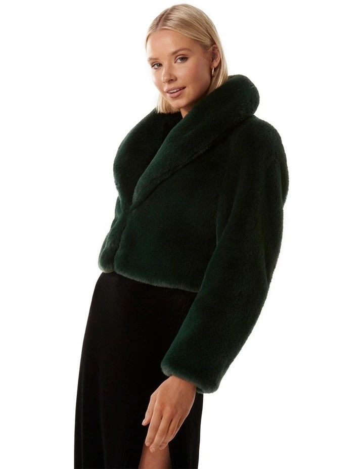 Amera Crop Faux Fur Coat in Green image 3