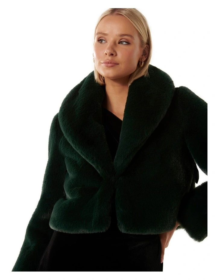 Amera Crop Faux Fur Coat in Green image 4