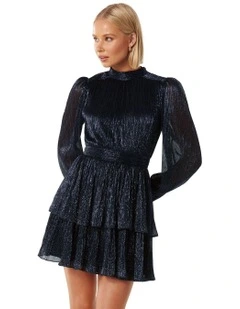 Inez High Neck Plisse Mini Dress in Navy