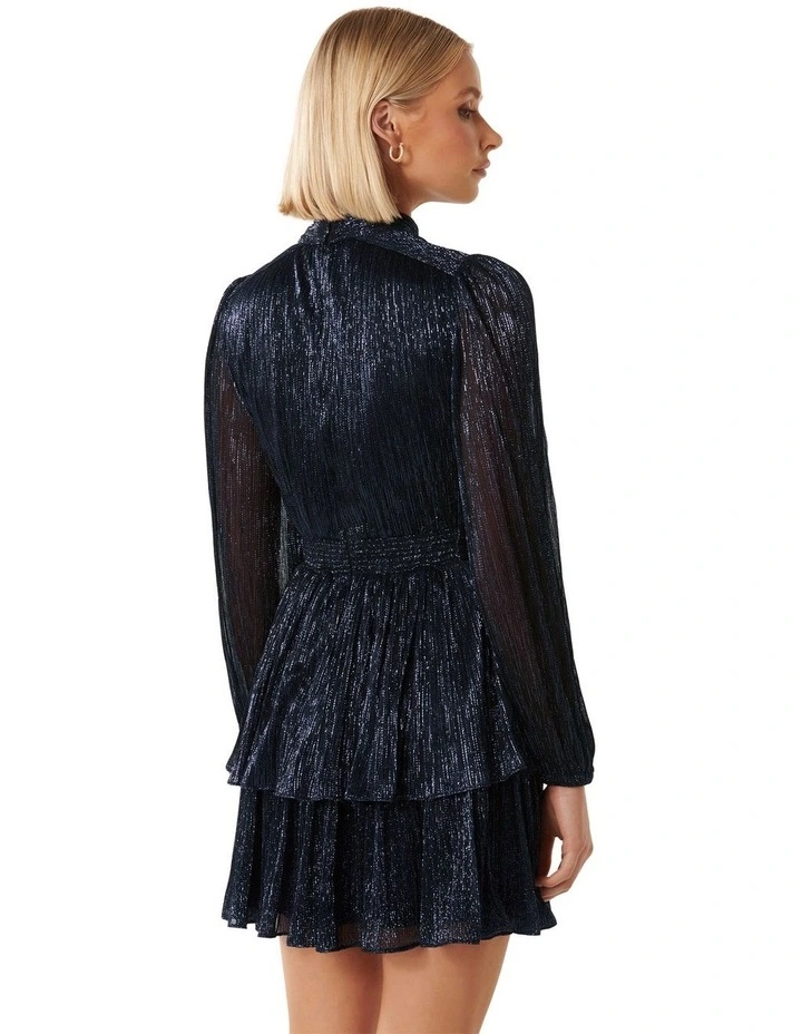 Inez High Neck Plisse Mini Dress in Navy image 2