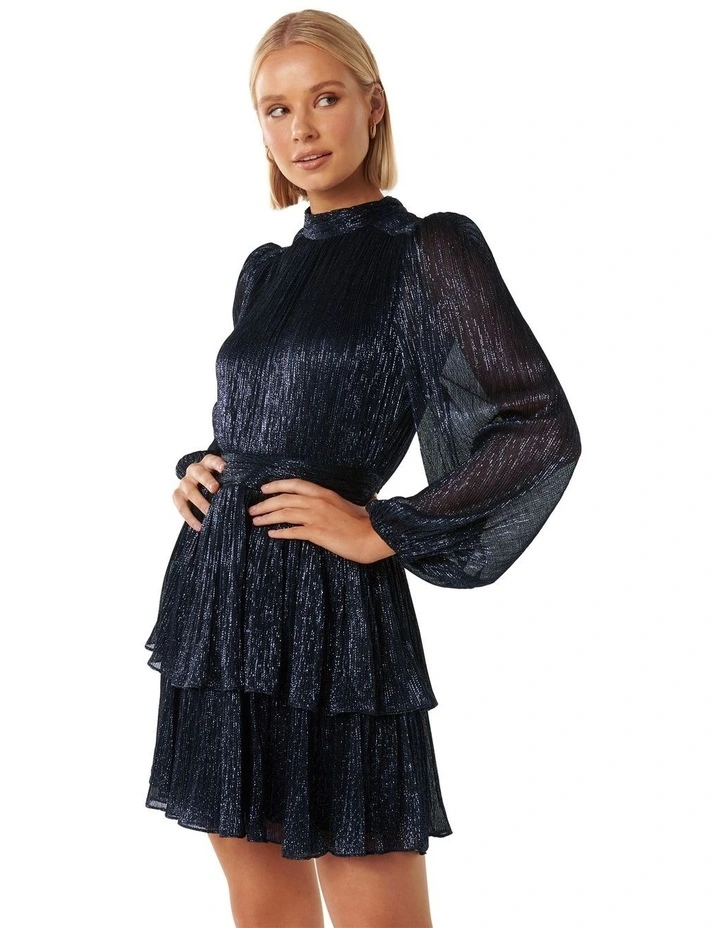 Inez High Neck Plisse Mini Dress in Navy image 3