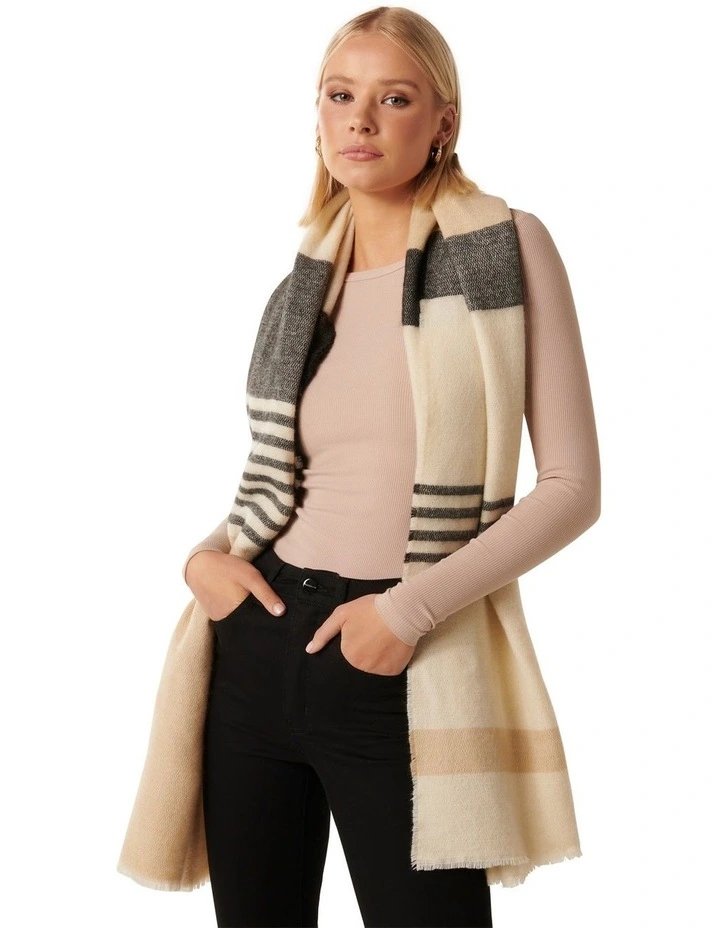 Dylan Large Stripe Scarf in Camel/Ivory/Black image 3