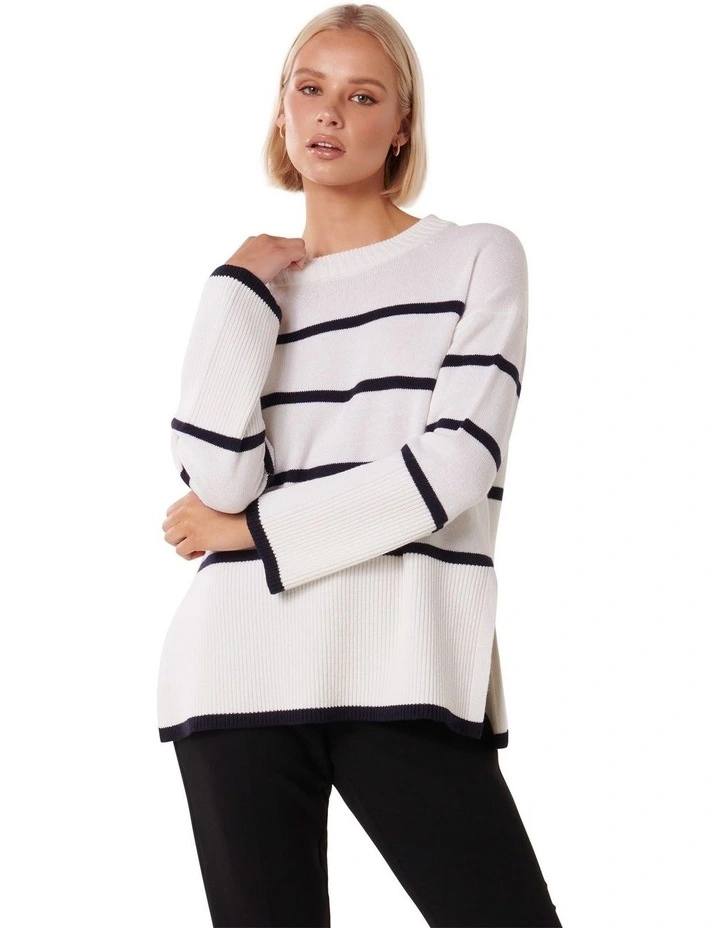 Bianca Relaxed Longline Crew Neck Jumper in Navy/Cream Stripe image 1