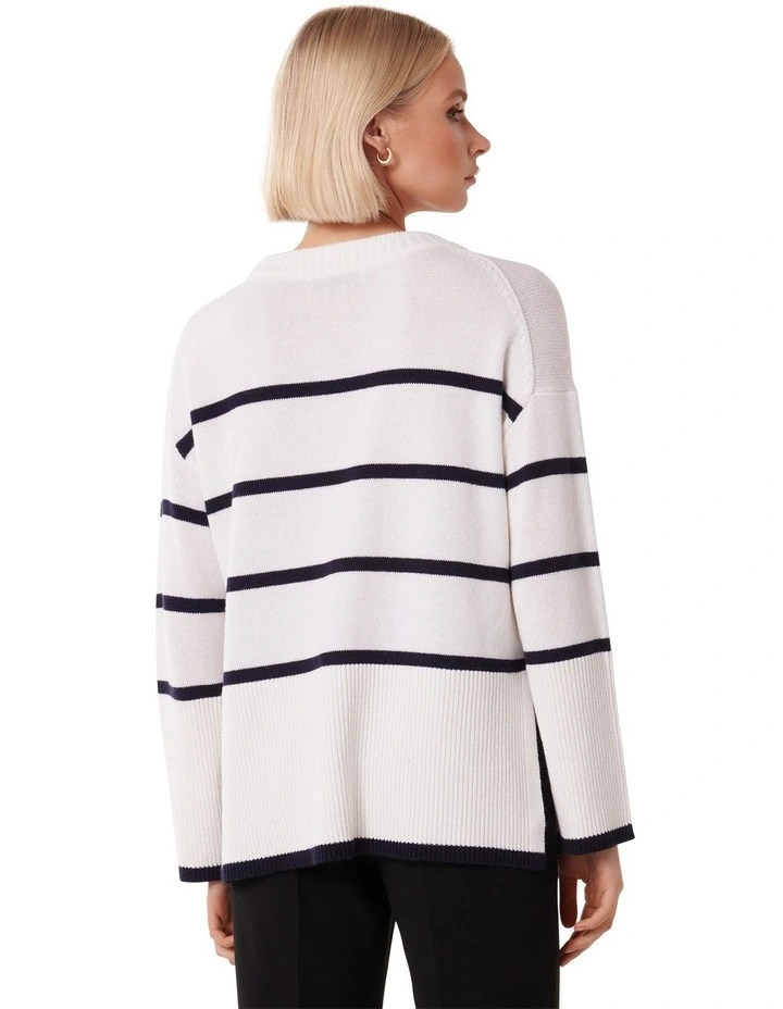 Bianca Relaxed Longline Crew Neck Jumper in Navy/Cream Stripe image 2