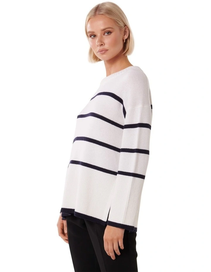 Bianca Relaxed Longline Crew Neck Jumper in Navy/Cream Stripe image 3
