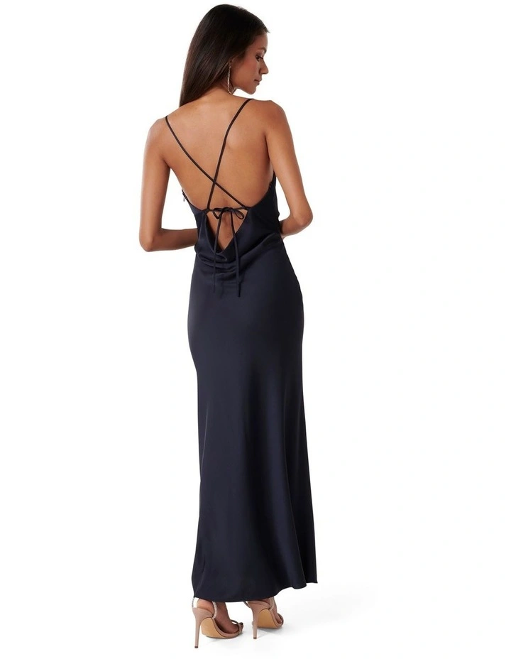 Ruby Tie Back Satin Maxi Dress in Navy image 2