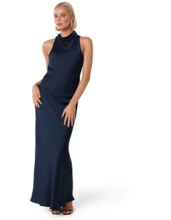 Michelle Open Back Satin Maxi Dress in Navy