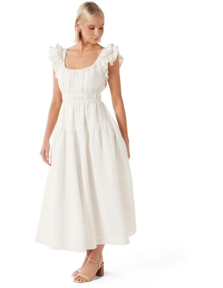 Athena Ruffle Midi Dress in White image 3