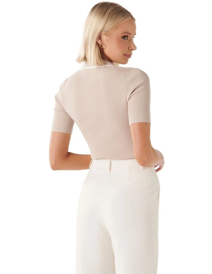 Jo Collar Knit Polo Top in Cream image 2