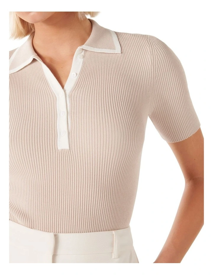 Jo Collar Knit Polo Top in Cream image 4