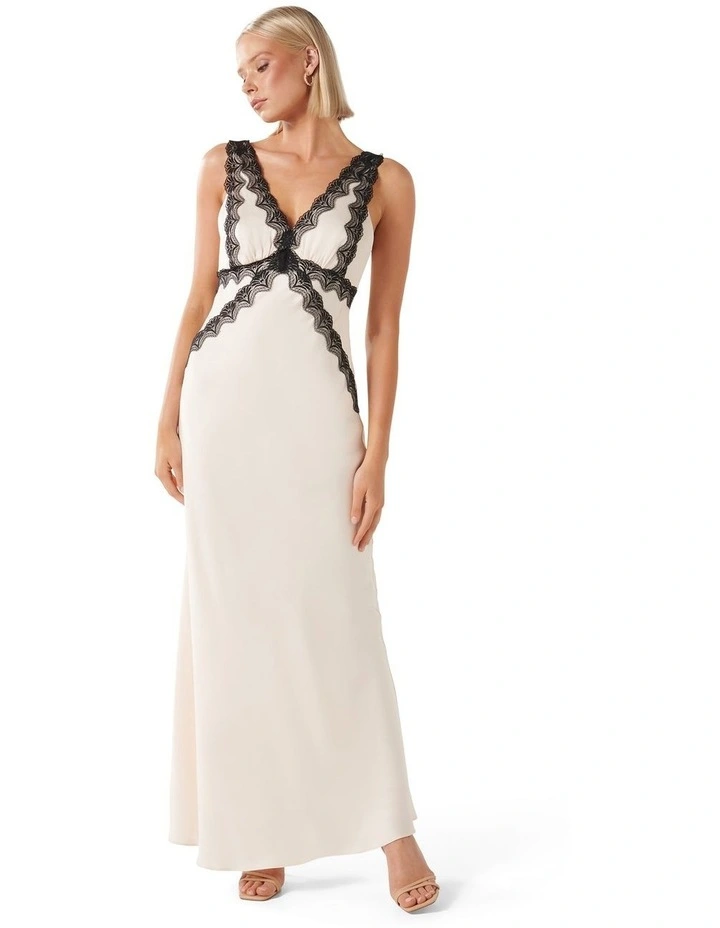 Amelia Lace Trim Satin Maxi Dress in White image 1