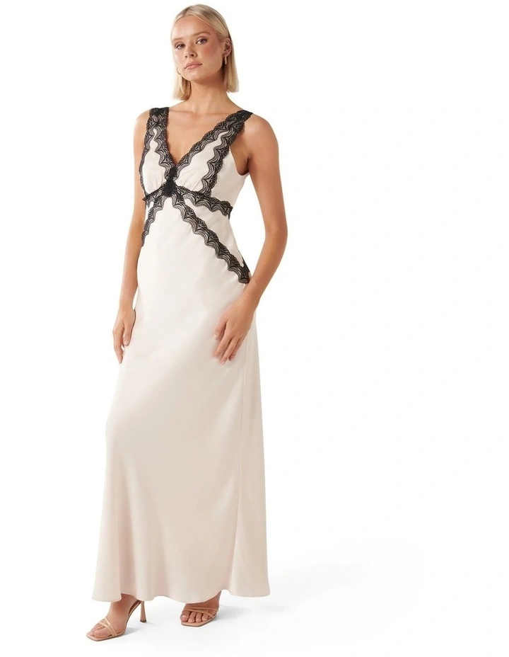 Forever New Amelia Lace Trim Satin Maxi Dress in White MYER