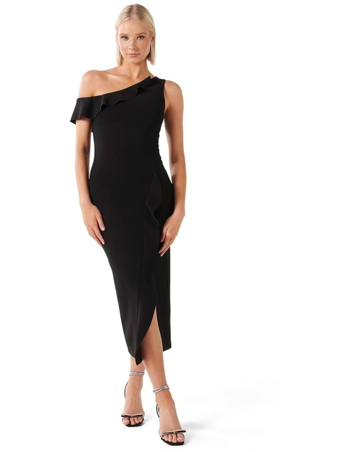 Tyra One Shoulder Ruffle Bodycon Dress in Black image 1