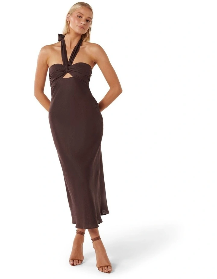 Skye Halter Tuck Midi Dress in Brown image 1
