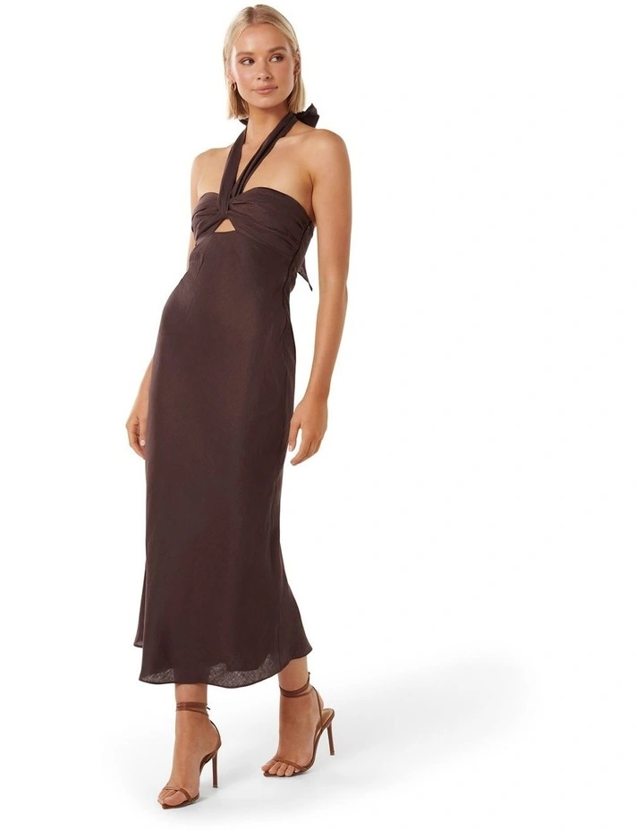 Skye Halter Tuck Midi Dress in Brown image 3