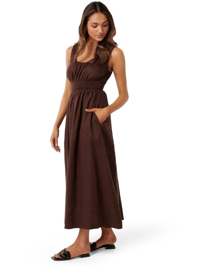 April Linen Midi Dress in Brown image 3