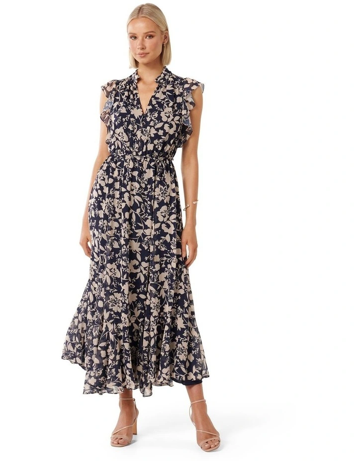 Maxine Ruffle Sleeve Midi Dress in Navy image 1