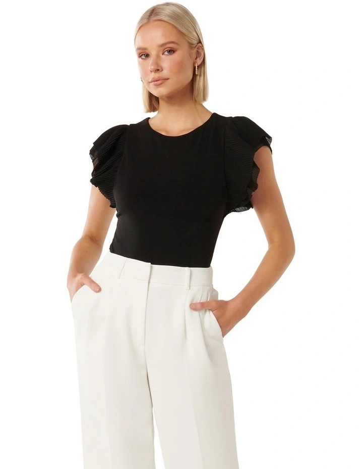Beth Pleated Flutter Sleeve Top in Black image 1