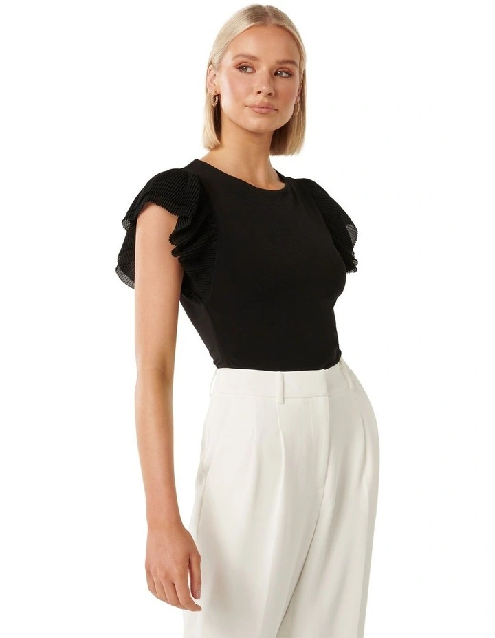 Beth Pleated Flutter Sleeve Top in Black image 3