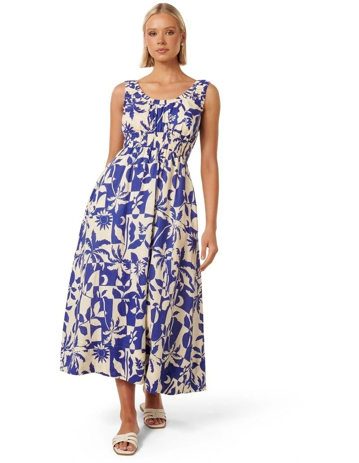 April Gathered Linen Midi Dress in Blue image 1
