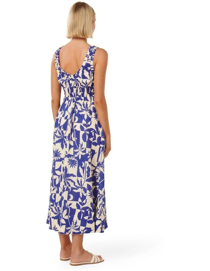 April Gathered Linen Midi Dress in Blue image 2