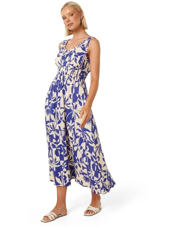 April Gathered Linen Midi Dress in Blue image 3