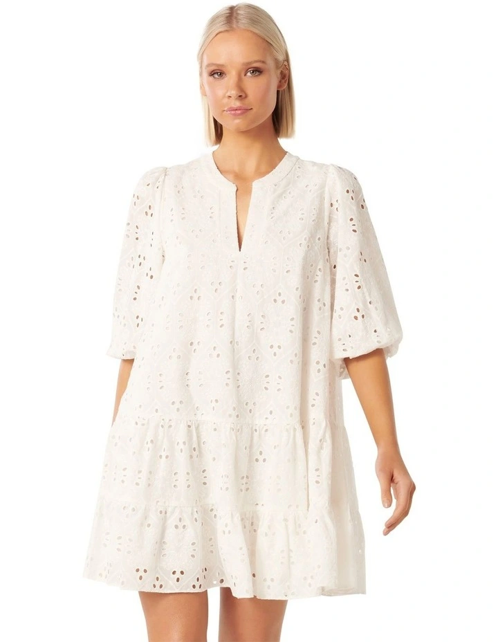 Palermo Broderie Smock Mini Dress in White image 1