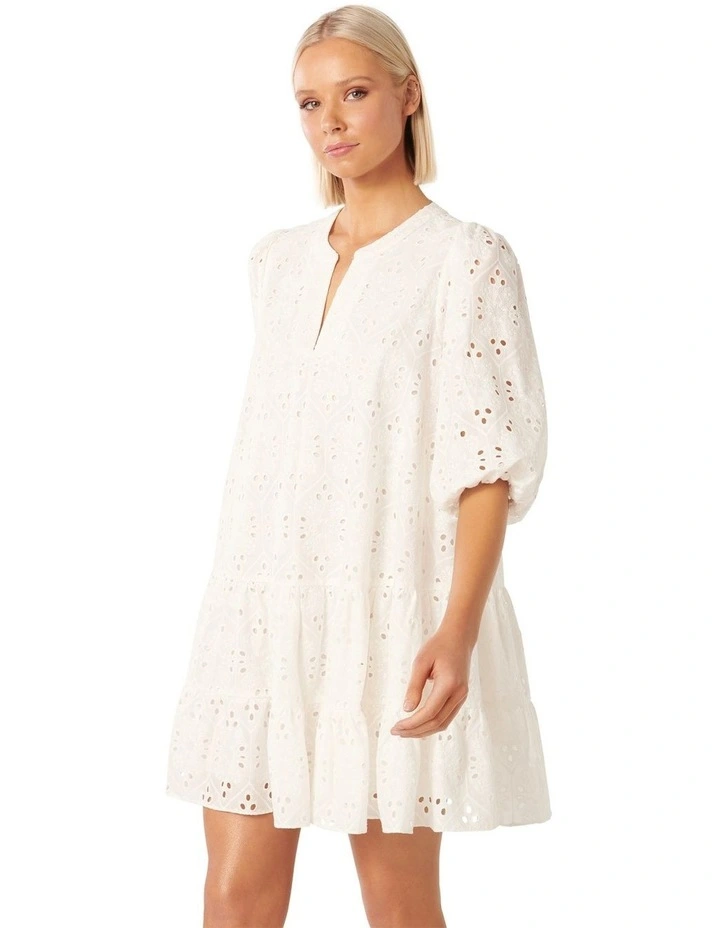 Palermo Broderie Smock Mini Dress in White image 3