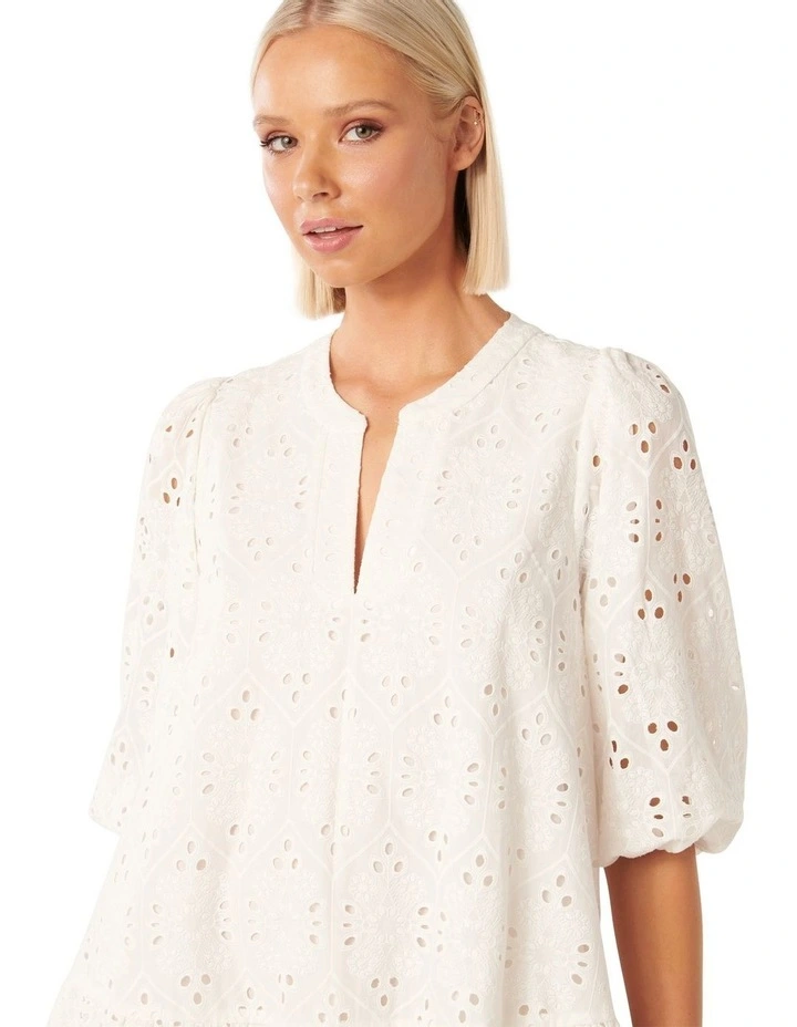 Palermo Broderie Smock Mini Dress in White image 4