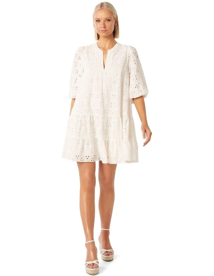 Palermo Broderie Smock Mini Dress in White image 5