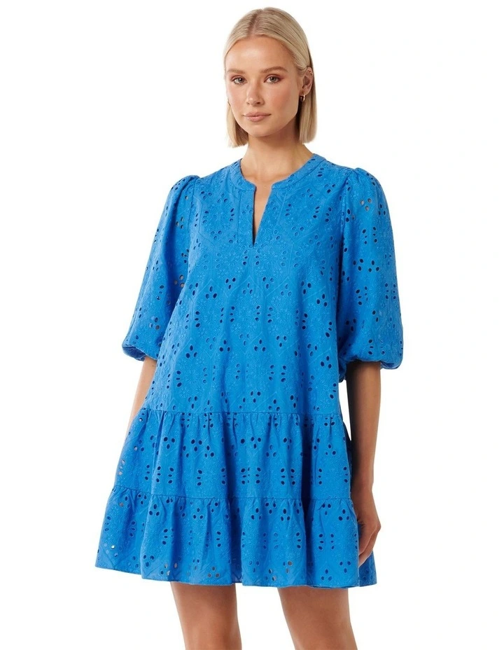 Palermo Broderie Smock Mini Dress in Blue image 1