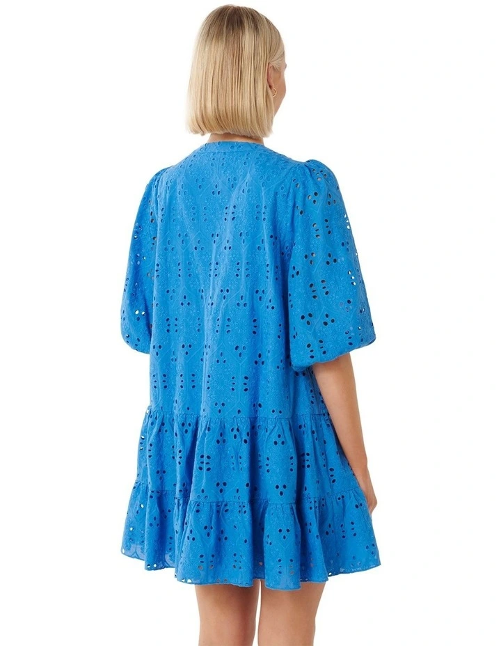 Palermo Broderie Smock Mini Dress in Blue image 2