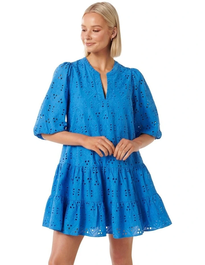 Palermo Broderie Smock Mini Dress in Blue image 3