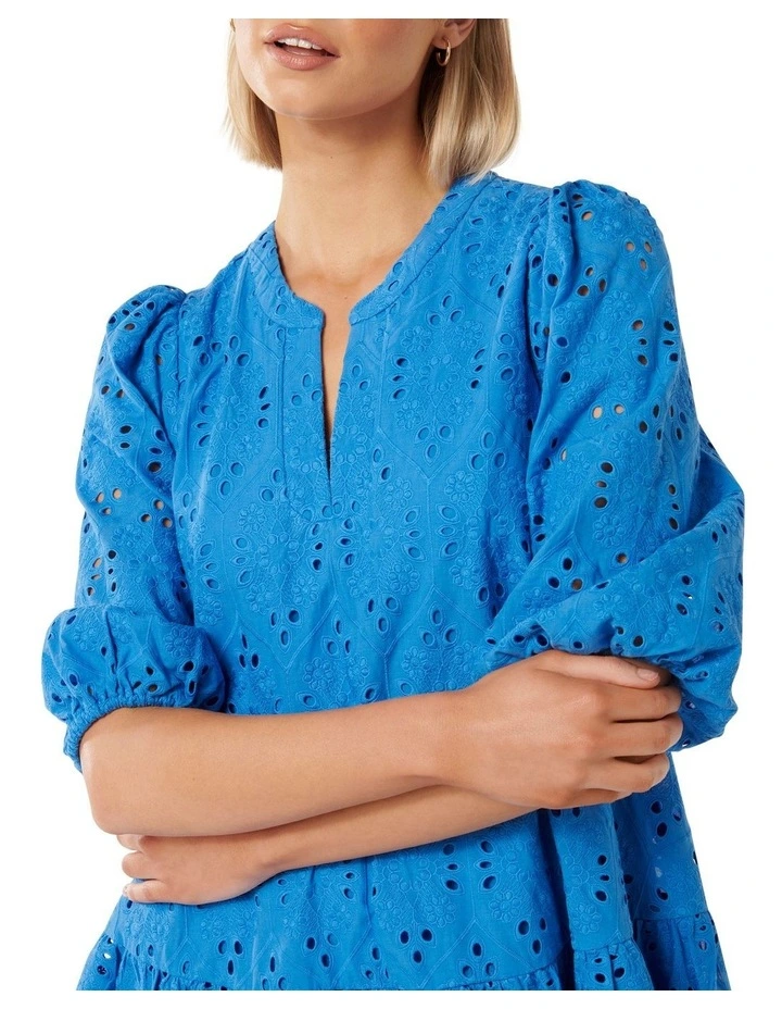 Palermo Broderie Smock Mini Dress in Blue image 4