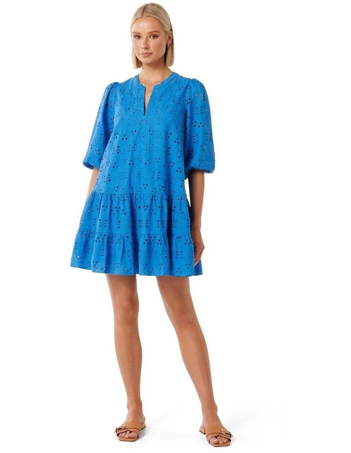Palermo Broderie Smock Mini Dress in Blue image 5