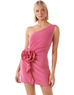 Arabella Rosette Asymmetrical Mini Dress in Pink
