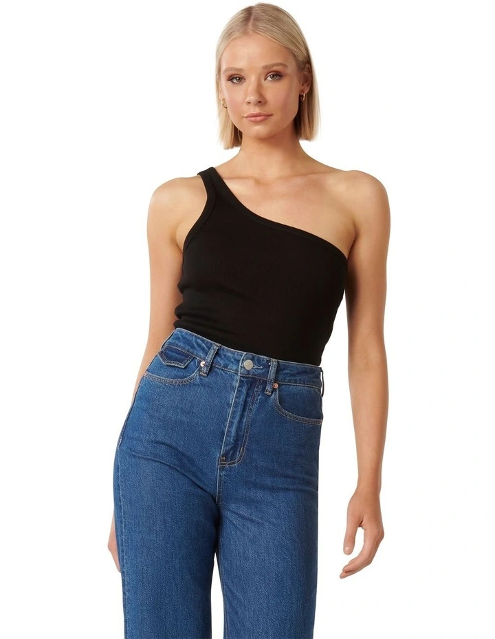 Karina One Shoulder Tank Top in Black image 1