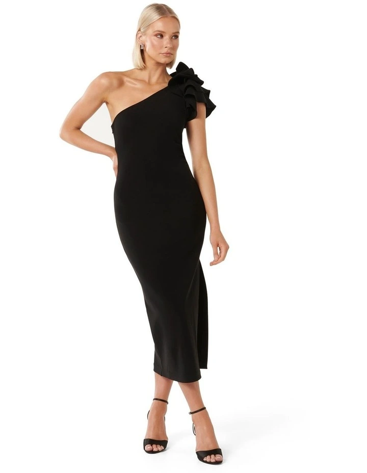 Celeste One Shoulder Ruffle Bodycon Dress in Black image 1