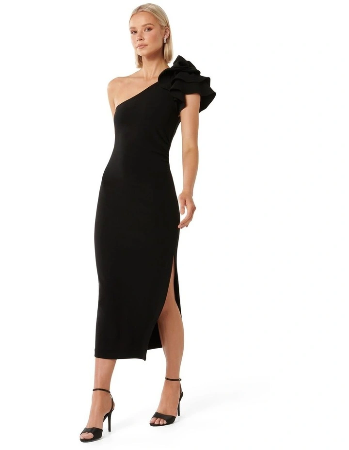 Celeste One Shoulder Ruffle Bodycon Dress in Black image 3