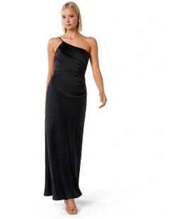 Kelly One Shoulder Satin Maxi Dress in Navy